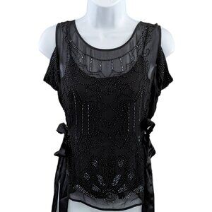 LF Women’s beaded silk dress tank top drop sleeve fancy formal black- EUC